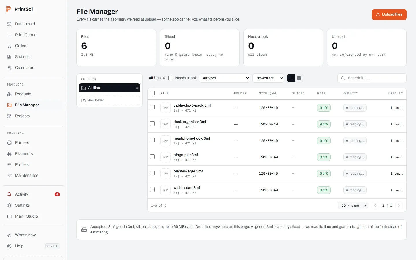 File manager with sliced files per printer